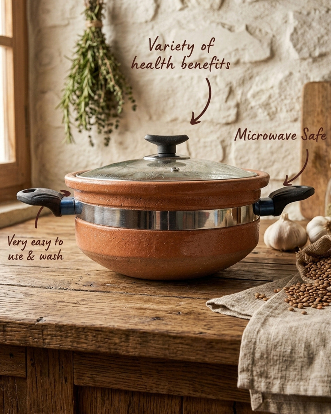 Round Terracotta Glazed Karahi with Glass Lid capacity 2 To 2.5kg