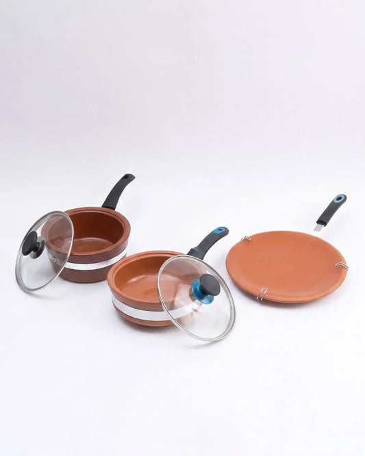 Traditional Clay Tawa, Frypan & Saucepan Combo Set